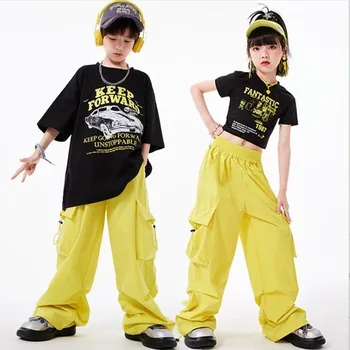 Детски облекла в стил хип-хоп, черни тениски, блузи, дънкови ежедневни панталони-карго за улични танци, облекла за момичета и момчета, показва танцови костюми