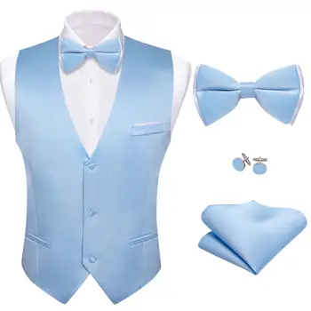 Дизайнерски мъжки жилетка синьо небе Монофонични копринена жилетка с папийонка, Вечерна яке без ръкави за сватбени партита Бари Уонг