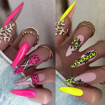 Дълги режийни ноктите на висок ток, модни розово-жълти леопардовые за върховете на ноктите, подвижни френски режийни нокти DIY
