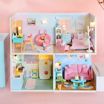 Дървена Мини-сцена Сам Куклена къща Дървени Куклени Къщи Casa Миниатюрен комплект мебели за куклена къща с led подсветка Играчка, подарък за децата
