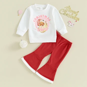 Есенни тоалети за малки момичета с писмото принтом Дядо Коледа, блузи с кръгло деколте, червено разкроена панталони, комплекти коледно облекло от 2 теми