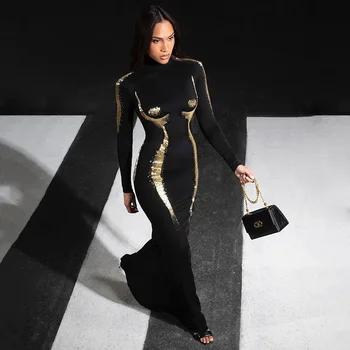 Златното Дебнещ Черна дълга рокля с 3D принтом на тялото, Есен-зима 2023, Дамско Поло с дълъг ръкав, Монтиране Класическа дреха за партита, Градинска облекло