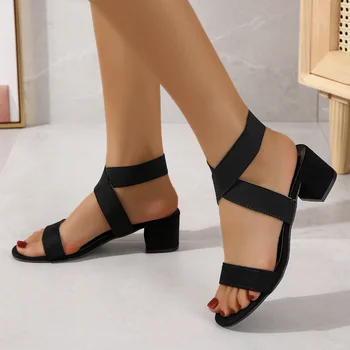 Летни дамски сандали на среден ток 2023 година с джапанки на щиколотках, гладиаторски сандали с отворени пръсти, римски обувки, дамски черни сандали без закопчалка