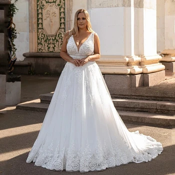 Луксозна Сватбена рокля без ръкави с V-образно деколте и Романтичными апликации Vestidos De Новия