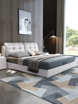 Модерна минималистичная кожена художествена легло Европейския светлина луксозна спалня за съхранение на неща начало легло в италиански стил