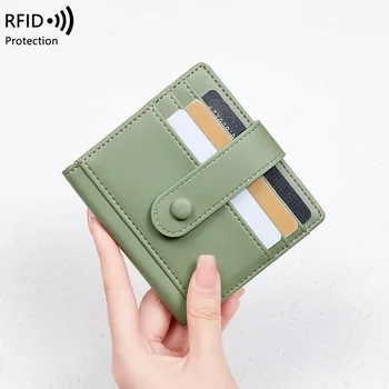 Нов дамски портфейл с антимагнитным на горивото RFID, однотонная чанта за кредитни карти с катарама от изкуствена кожа, малък лек кратък портфейл