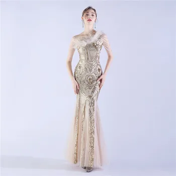Нови вечерни рокли DongCMY от мъниста и страусиного кожа, бродирани със златни пайети, от Елегантни вечерни рокли, за жени 2024 г.