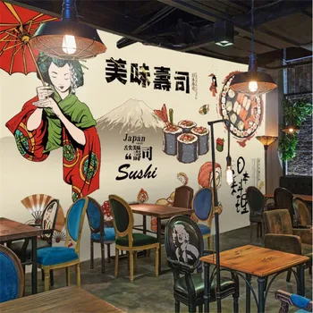 Ностальгическая Ръчно рисувани Японската Красота Суши Индустриален Декор на Стената Тапет 3D Японски Ресторант Светло Жълти Тапети 3D