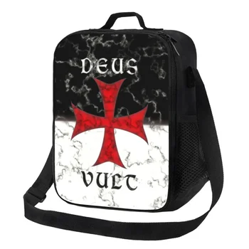 Обичай Кръст крестоносца Deus Vult в мраморната чанта-хладилник за мъже и жени, термоизолированные обяд-апарати за деца-ученици