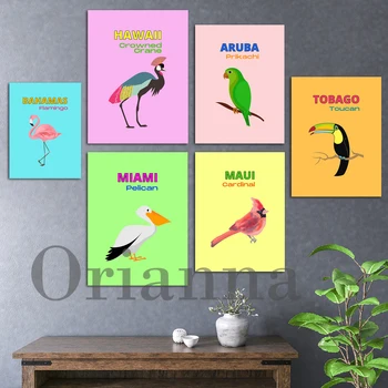 Пъстри Диви Птици, Летни почивки, Маями, Хавай, Аруба, Стенно изкуство, печат върху платно, постери, Съвременна живопис за хол