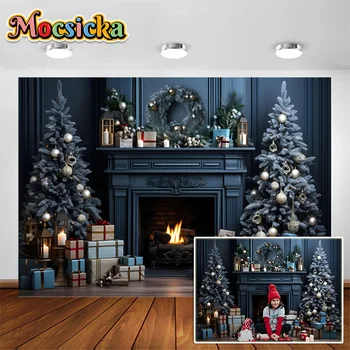 Сини тонове Коледни фонове, за снимки Камина, Венци от елхи, подаръци, кутии, портретна фонове за деца и възрастни, фотосесия