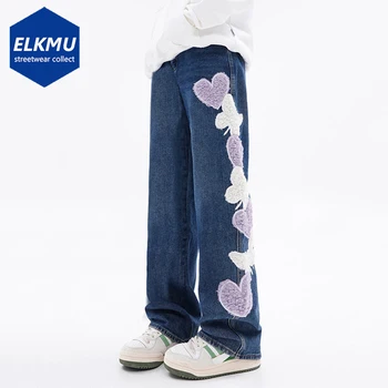 Широки дънки в стил хип-хоп с бродерия във формата на сърце, мъжки градинска дрехи, Свободни сини дънкови панталони Harajuku, Директни дънкови панталони